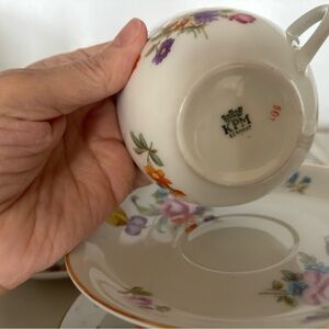 White Porcelain Cup/Saucer with Gold Accents and Floral Design- set of 4